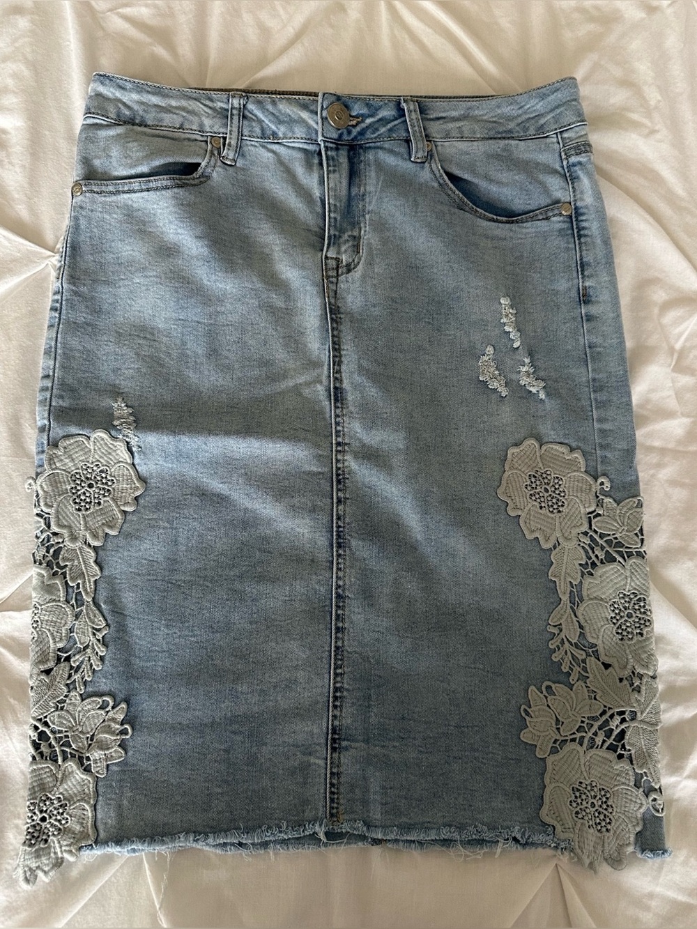 One 5 One Light Blue Denim Pencil Skirt with Floral Lace